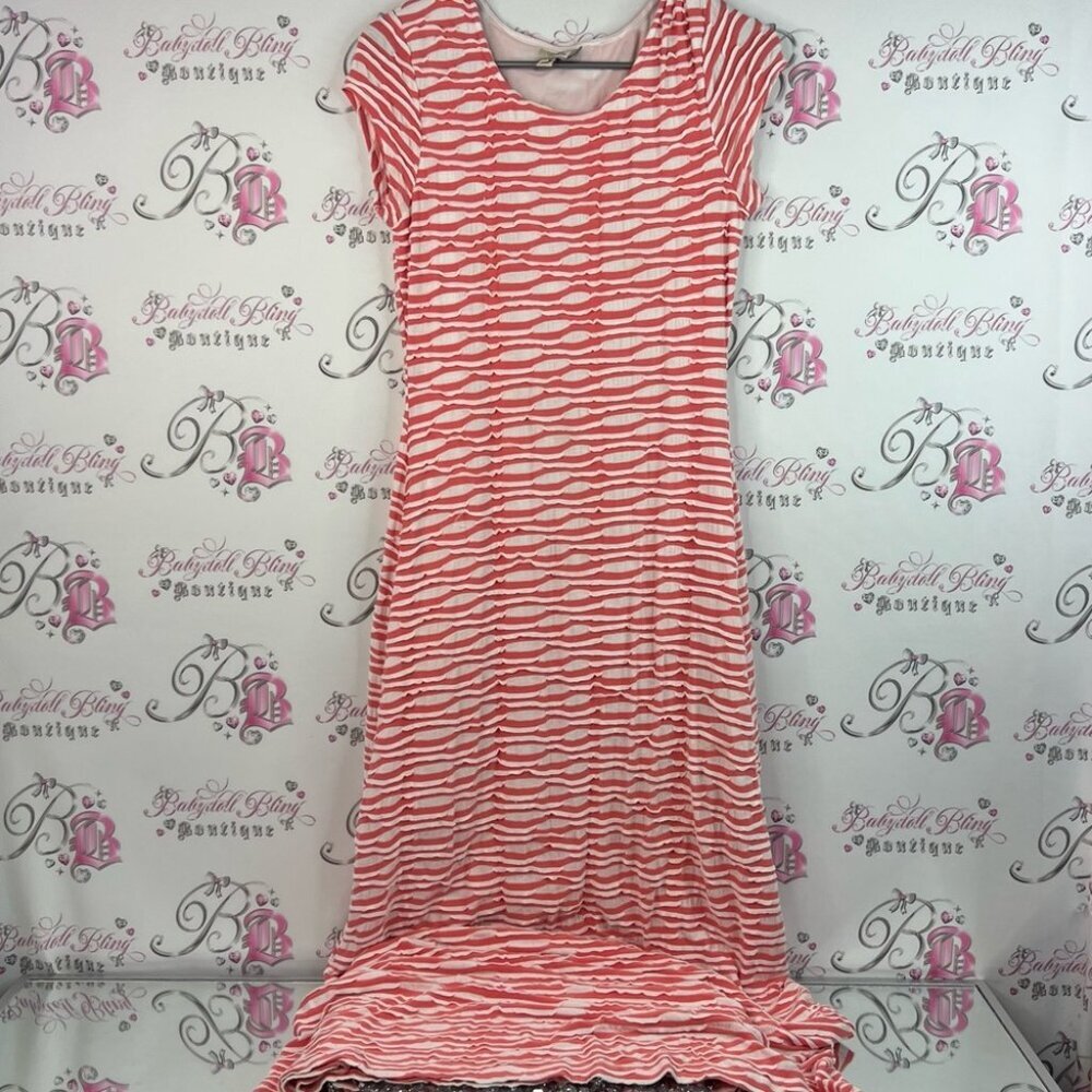 Beige by eci Dress stripes striped ruffle 3D texture Pink peach White